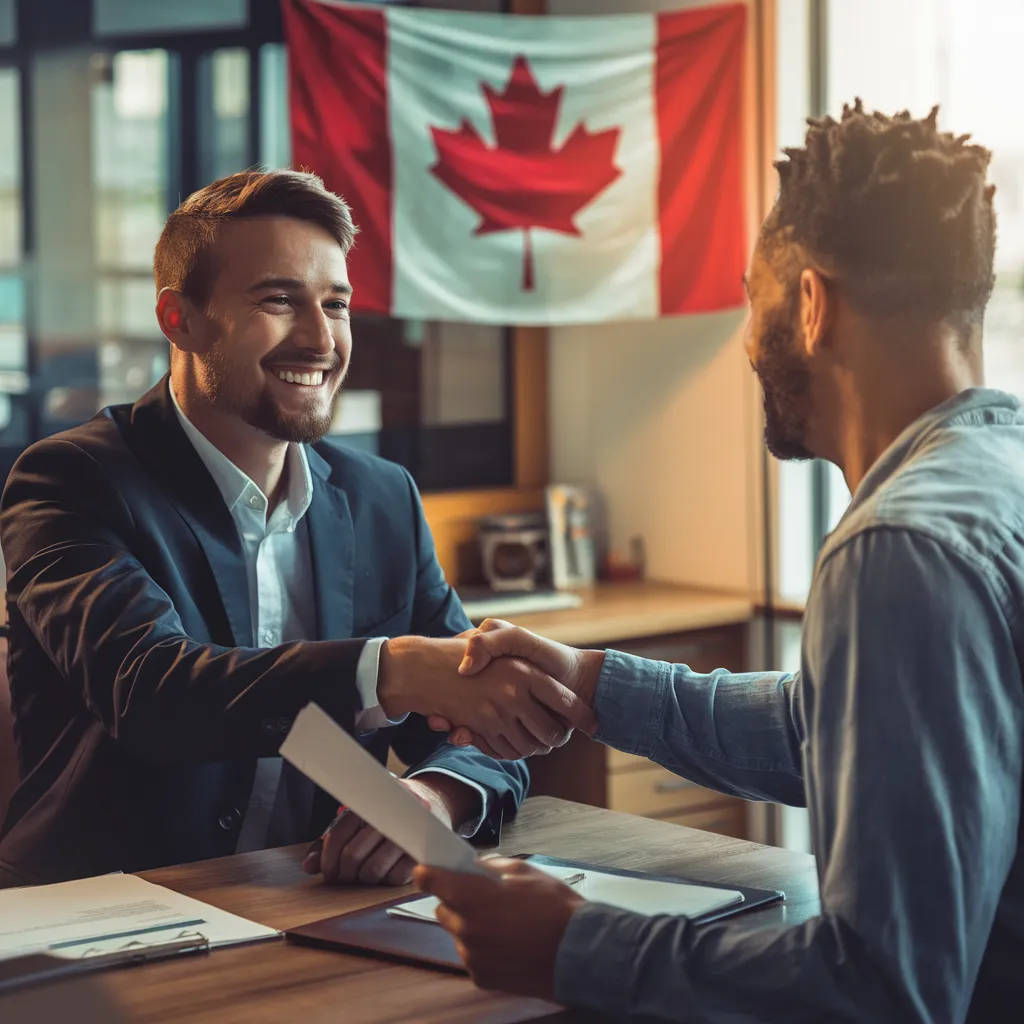 Immigration consultation meeting with Canadian flag and documents on desk